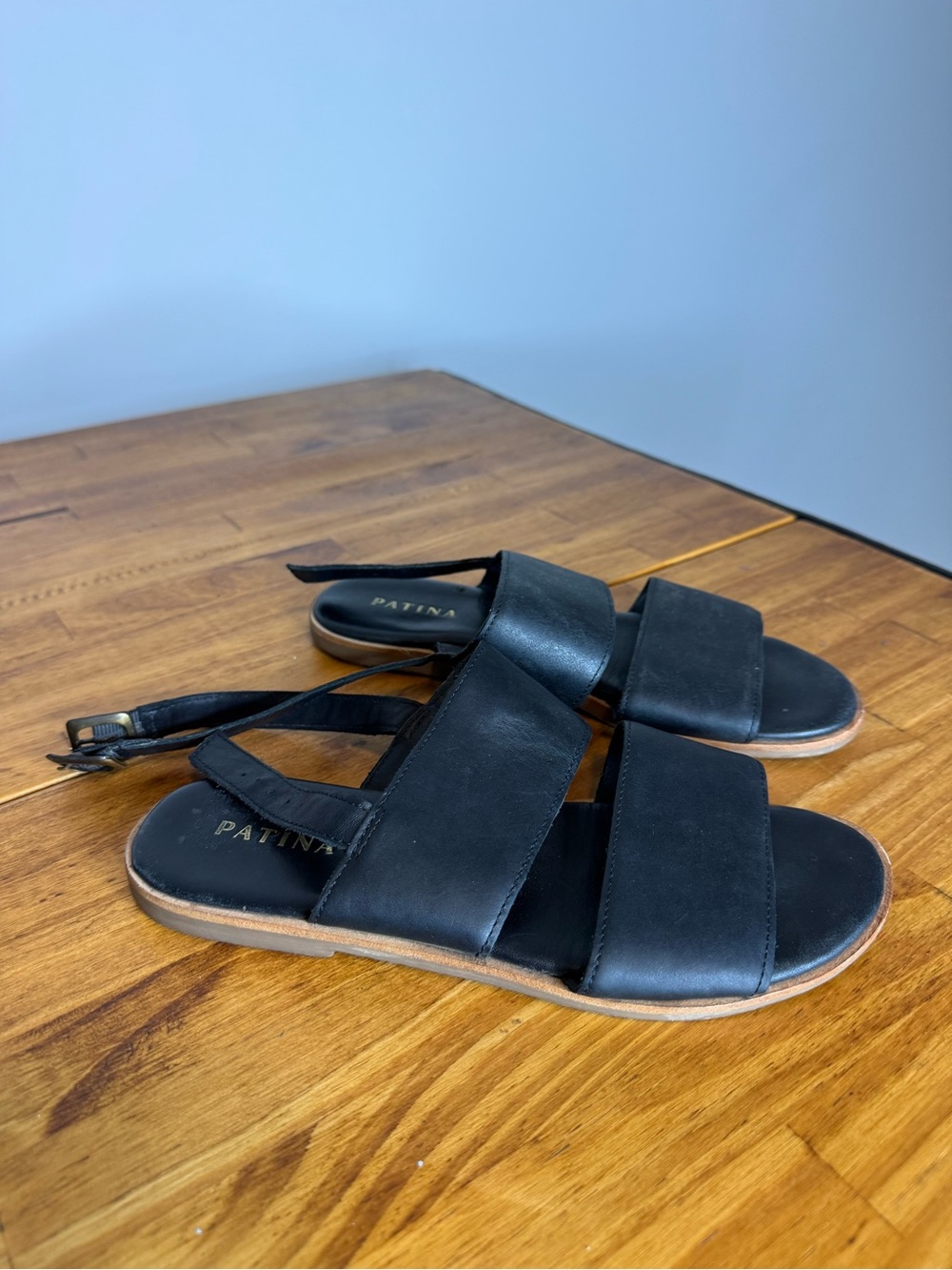 Patina Black Leather Double Strap Ankle Flat Sandals Size 6.5
